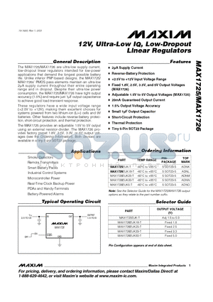 MAX1726EUK50-T datasheet - 12V, Ultra-Low IQ, Low-Dropout Linear Regulators