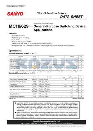 MCH6629 datasheet - P-Channel Silicon MOSFET General-Purpose Switching Device Applications