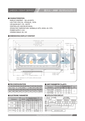 JHD524-19264F datasheet - 192X64 DOTS