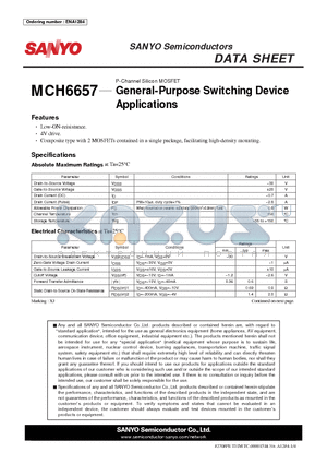 MCH6657 datasheet - P-Channel Silicon MOSFET General-Purpose Switching Device Applications