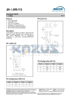 JHS-113PIN datasheet - Quadrature Hybrid, 7 - 14 MHz