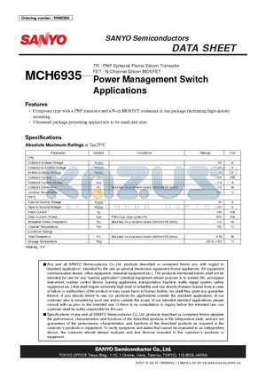 MCH6935 datasheet - TR : PNP Epitaxial Planar Silicon Transistor FET : N-Channel Silicon MOSFET Power Management Switch Applications
