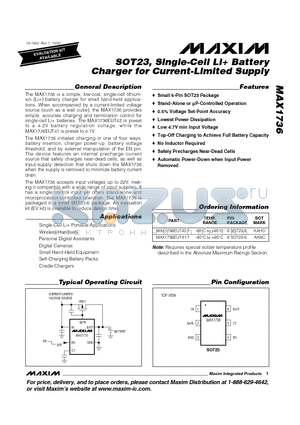 MAX1736 datasheet - SOT23, Single-Cell Li Battery Charger for Current-Limited Supply