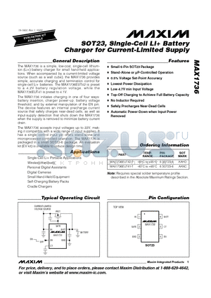 MAX1736EUT41-T datasheet - SOT23, Single-Cell Li Battery Charger for Current-Limited Supply