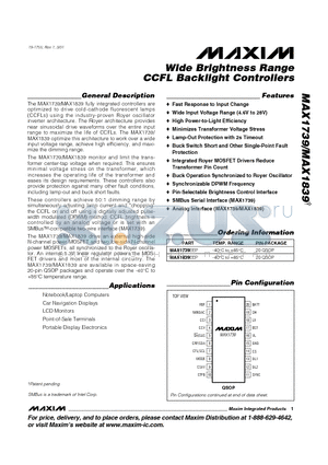 MAX1739 datasheet - Wide Brightness Range CCFL Backlight Controllers