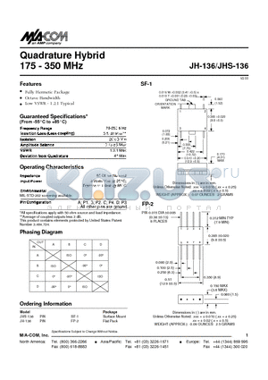 JHS-136 datasheet - Quadrature Hybrid 175 - 350 MHz