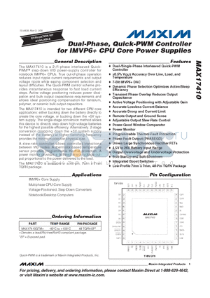 MAX17410GTM+ datasheet - Dual-Phase, Quick-PWM Controller for IMVP6 CPU Core Power Supplies