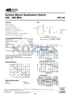 JHS-142 datasheet - Surface Mount Quadrature Hybrid 200 - 400 MHz