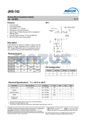 JHS-142 datasheet - Surface Mount Quadrature Hybrid, 200 - 400 MHz