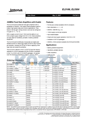 EL5106ISZ-T13 datasheet - 350MHz Fixed Gain Amplifiers with Enable