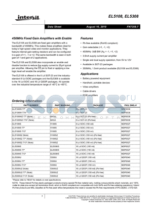 EL5108ISZ-T7 datasheet - 450MHz Fixed Gain Amplifiers with Enable