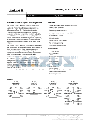 EL5111AIYEZ-T13 datasheet - 60MHz Rail-to-Rail Input-Output Op Amps