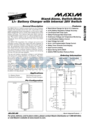 MAX1758 datasheet - Stand-Alone, Switch-Mode Li Battery Charger with Internal 28V Switch