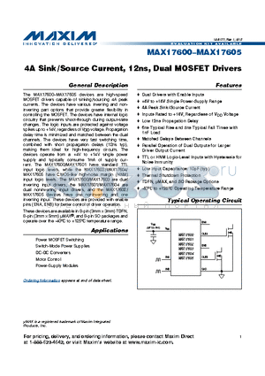 MAX17603 datasheet - 4A Sink /Source Current, 12ns, Dual MOSFET Drivers