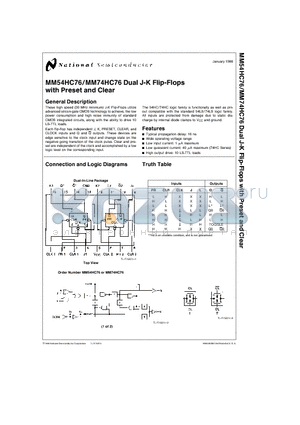 MM74HC76N datasheet - Dual J-K Flip-Flops with Preset and Clear