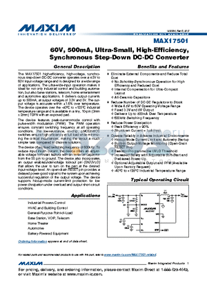 MAX17501EATB+ datasheet - 60V, 500mA, Ultra-Small, High-Efficiency,Synchronous Step-Down DC-DC Converter