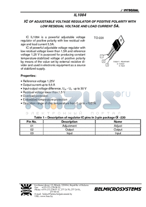 IL1084 datasheet - IC OF ADJUSTABLE VOLTAGE REGULATOR OF POSITIVE POLARITY WITH LOW RESIDUAL VOLTAGE AND LOAD CURRENT 5A