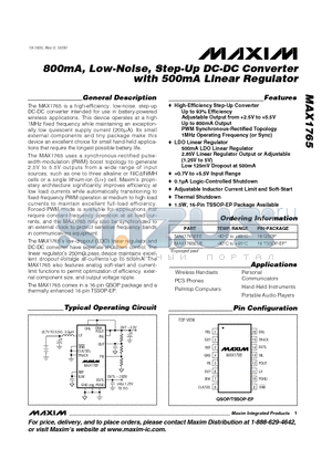 MAX1765 datasheet - 800mA, Low-Noise, Step-Up DC-DC Converter with 500mA Linear Regulator