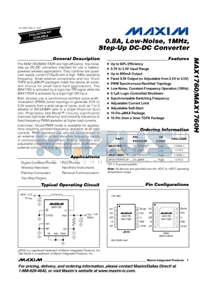 MAX1760ETB datasheet - 0.8A, Low-Noise, 1MHz, Step-Up DC-DC Converter