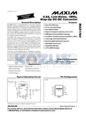 MAX1760EUB datasheet - 0.8A, Low-Noise, 1MHz, Step-Up DC-DC Converter