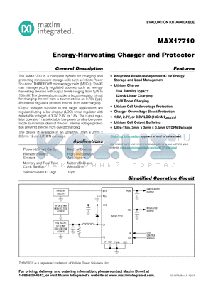 MAX17710GB+ datasheet - Energy-Harvesting Charger and Protector