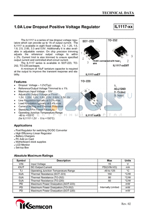 IL1117-XX datasheet - 1.0A Low Dropout Positive Voltage Regulator