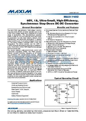 MAX17502 datasheet - 60V, 1A, Ultra-Small, High-Efficiency,Synchronous Step-Down DC-DC Converter