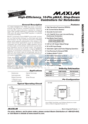 MAX1791 datasheet - High-Efficiency, 10-Pin lMAX, Step-Down Controllers for Notebooks