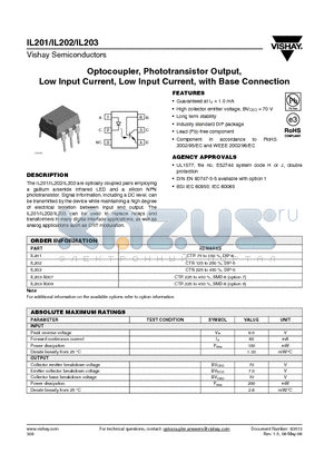 IL203-X007 datasheet - Optocoupler, Phototransistor Output, Low Input Current, Low Input Current, with Base Connection