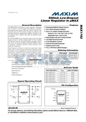 MAX1792 datasheet - 500mA Low-Dropout Linear Regulator in uMAX