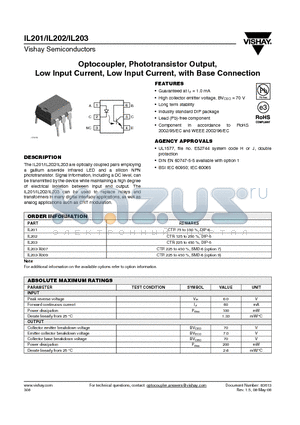 IL203-X009 datasheet - Optocoupler, Phototransistor Output, Low Input Current, Low Input Current, with Base Connection