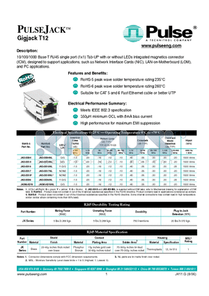 JK0-0017NL datasheet - PULSEJACKTM Gigjack T12