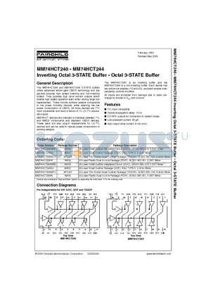 MM74HCT240N datasheet - Inverting Octal 3-STATE Buffer Octal 3-STATE Buffer