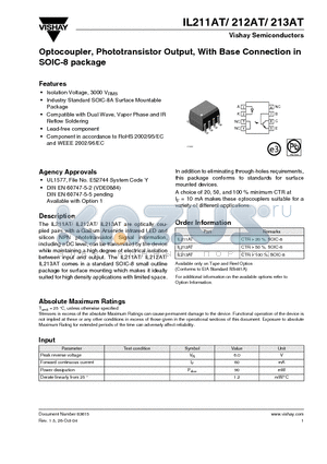 IL213AT datasheet - Optocoupler, Phototransistor Output, With Base Connection in