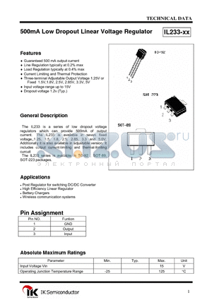 IL233-2.5 datasheet - 500mA Low Dropout Linear Voltage Regulator