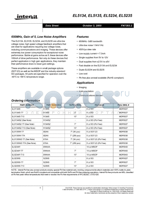 EL5135IW-T7A datasheet - 630MHz, Gain of 5, Low Noise Amplifiers