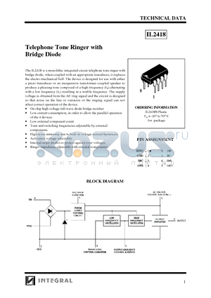 IL2418N datasheet - Telephone Tone Ringer with Bridge Diode