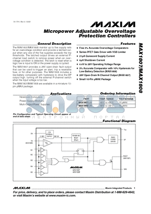 MAX1807 datasheet - Micropower Adjustable Overvoltage Protection Controllers