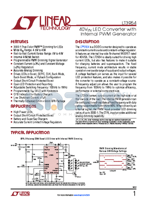LT3954 datasheet - 40VIN LED Converter with Internal PWM Generator Wide VIN Range: 4.5V to 40V