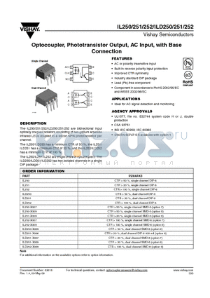 IL251-X009 datasheet - Optocoupler, Phototransistor Output, AC Input, with Base Connection