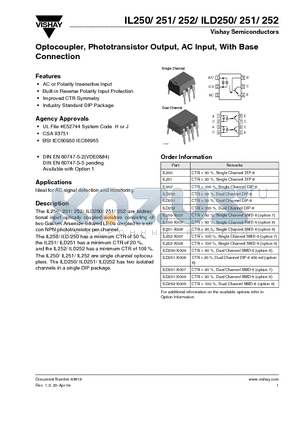 IL252-X009 datasheet - Optocoupler, Phototransistor Output, AC Input, With Base Connection