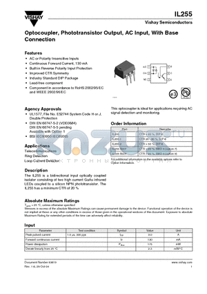 IL255 datasheet - Optocoupler, Phototransistor Output, AC Inout, With Base Connection