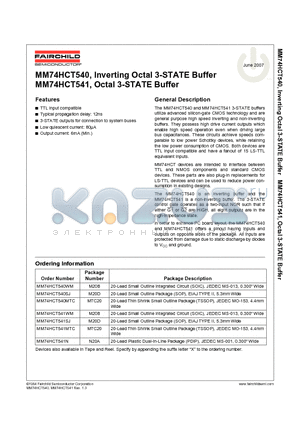 MM74HCT541N datasheet - MM74HCT540, Inverting Octal 3-STATE Buffer MM74HCT541, Octal 3-STATE Buffer