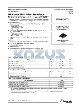 MW6S004NT1 datasheet - RF Power Field Effect Transistor N-Channel Enhancement-Mode Lateral MOSFET