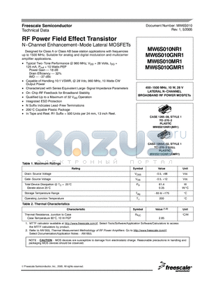 MW6S010MR1 datasheet - RF Power Field Effect Transistor