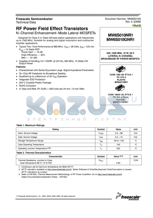 MW6S010NR1 datasheet - RF Power Field Effect Transistors N-Channel Enhancement-Mode Lateral MOSFETs