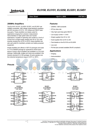 EL5151IWZ-T7 datasheet - 200MHz Amplifiers