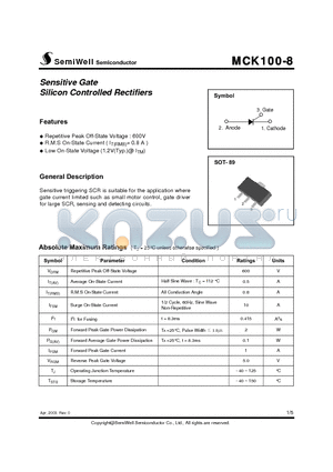 MCK100-8 datasheet - Sensitive Gate Silicon Controlled Rectifiers