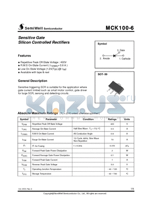 MCK100-6 datasheet - Sensitive Gate Silicon Controlled Rectifiers