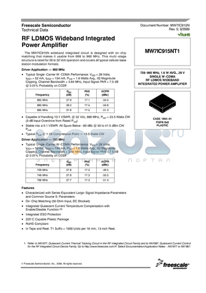 MW7IC915NT1 datasheet - RF LDMOS Wideband Integrated Power Amplifier